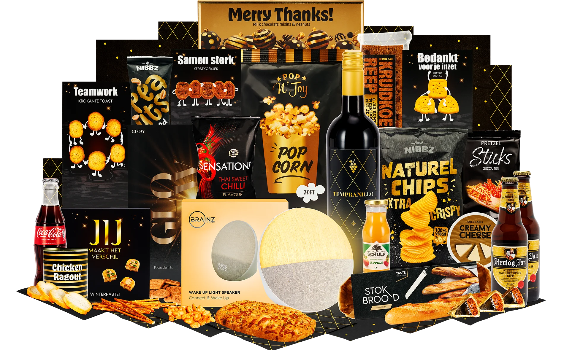 Rijkelijk gevuld bedankpakket met wijn, snacks, brood, speaker