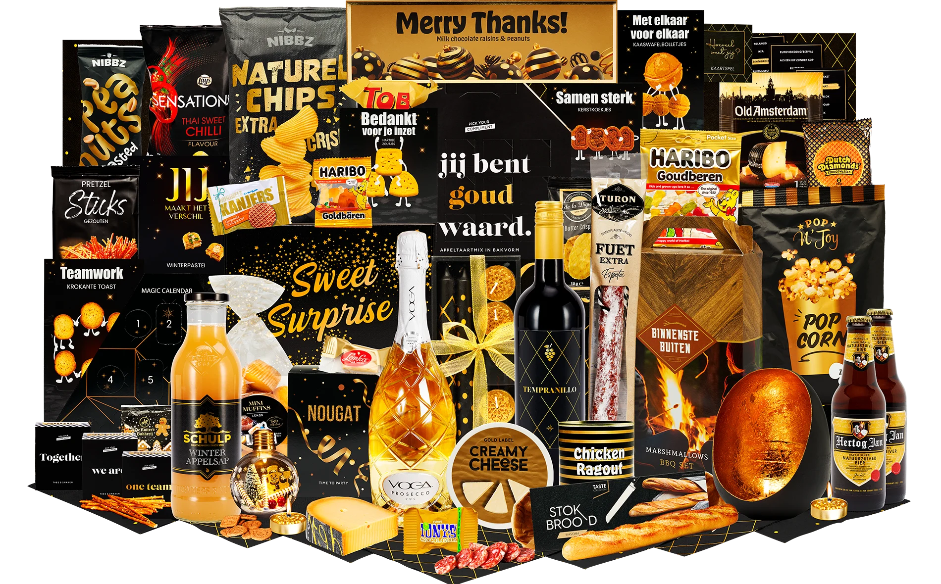 Feestelijk kerstpakket met wijn, prosecco, chips, snoep, kaas, brood