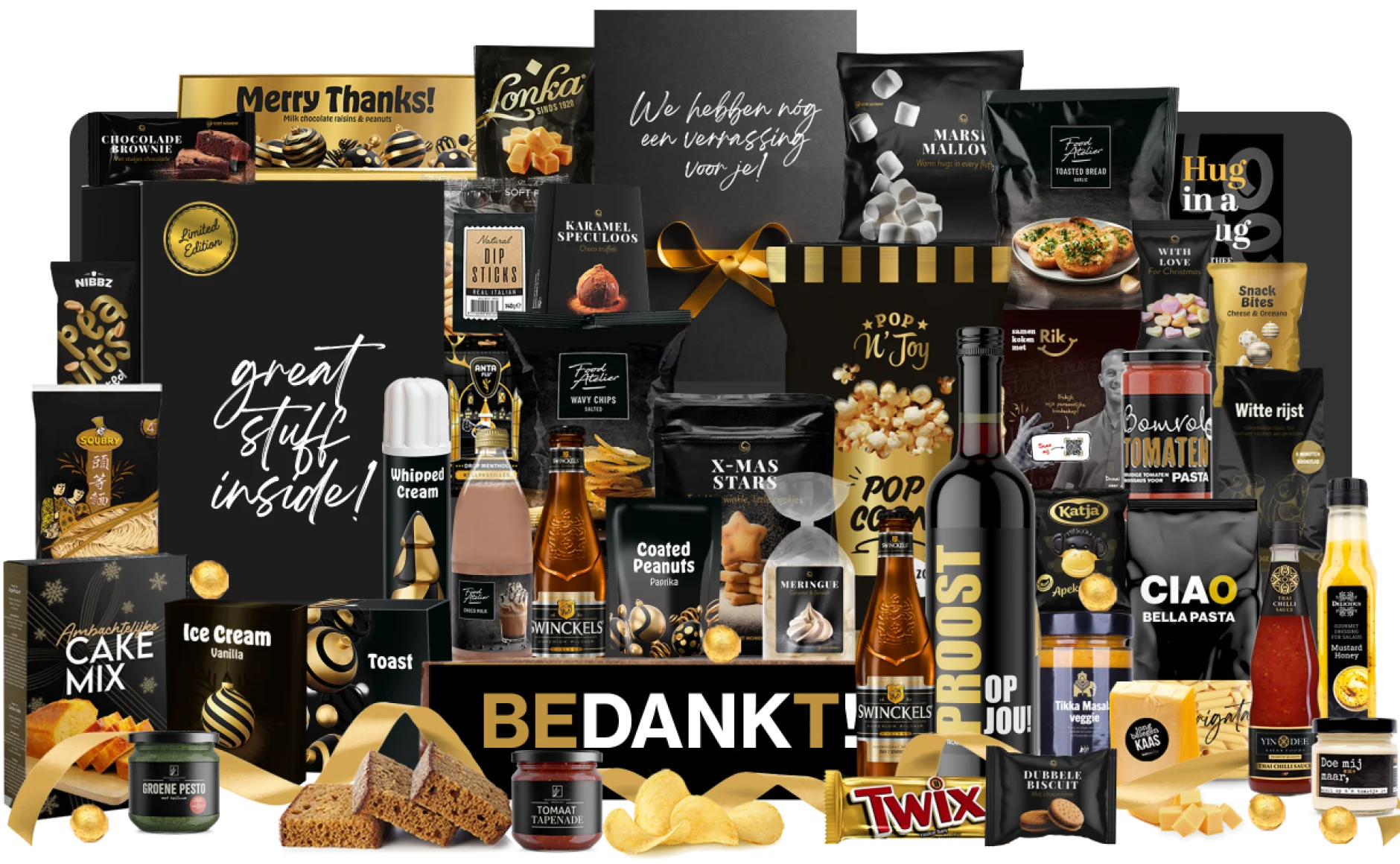Black gold gift package assortment food drinks 