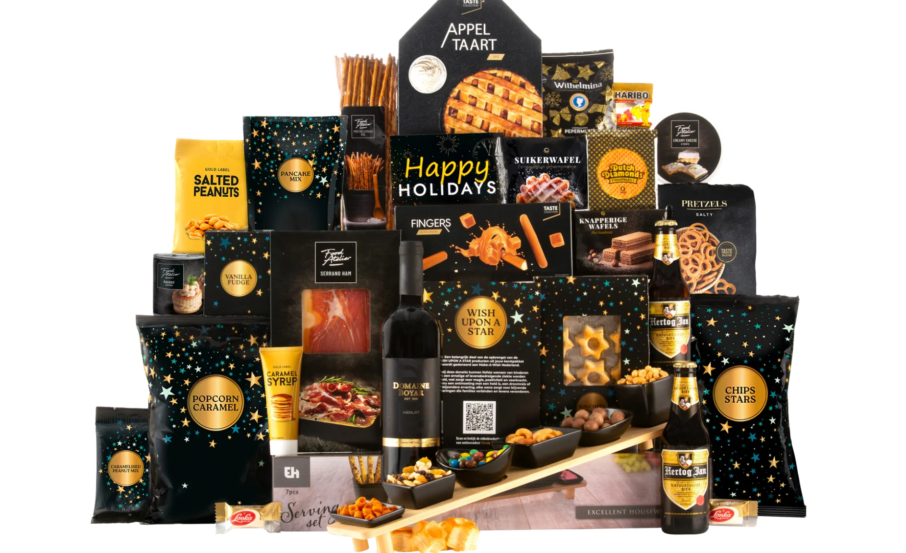 Feestelijk kerstpakket met wijn, bier, snacks, taart, ham, sterren.