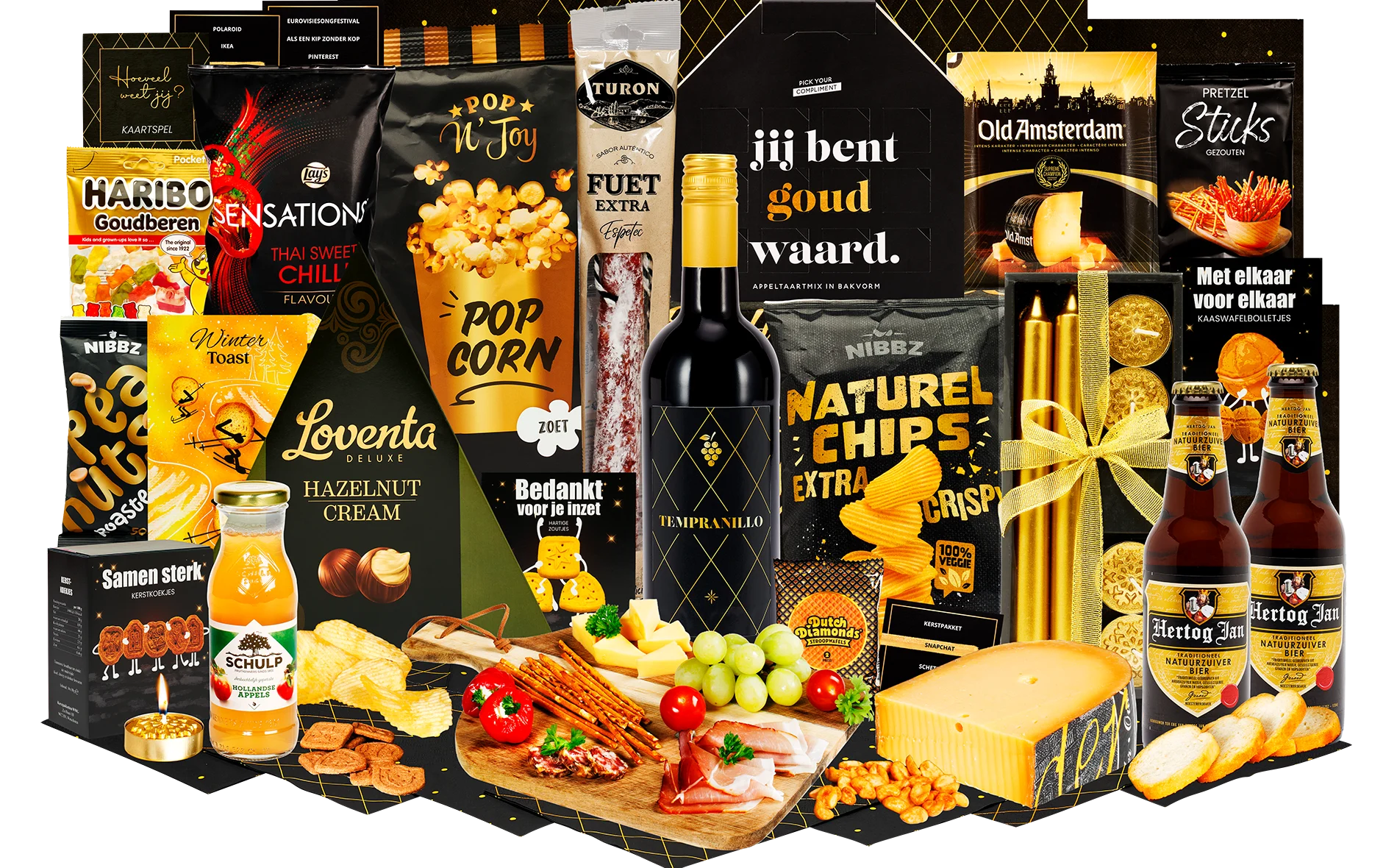 Luxe geschenkpakket met wijn, bier, kaas, snacks, snoep, kaarsen.