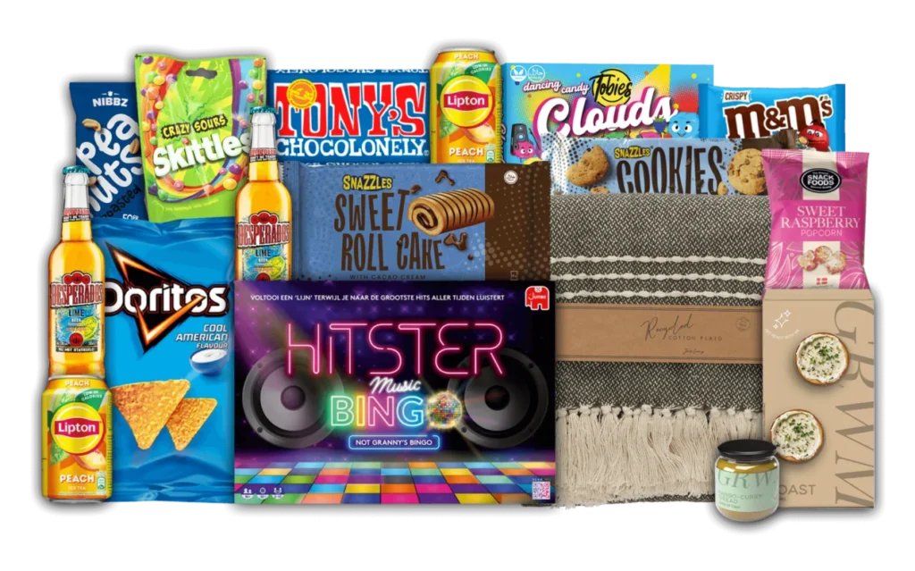 Maatwerk kerstpakket met Hitster, bedrijfslogo en persoonlijke boodschap in luxe verpakking.