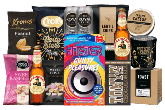 Feestelijk assortiment snacks, bieren, frisdranken, kaas en partyspel