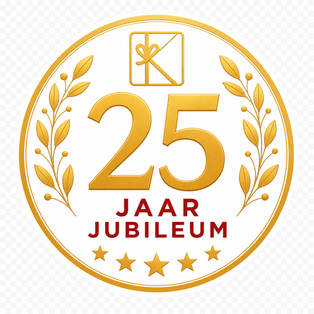 Gouden 25 jaar jubileum embleem, geschenkdoos, lauwerkransen, vijf gouden sterren