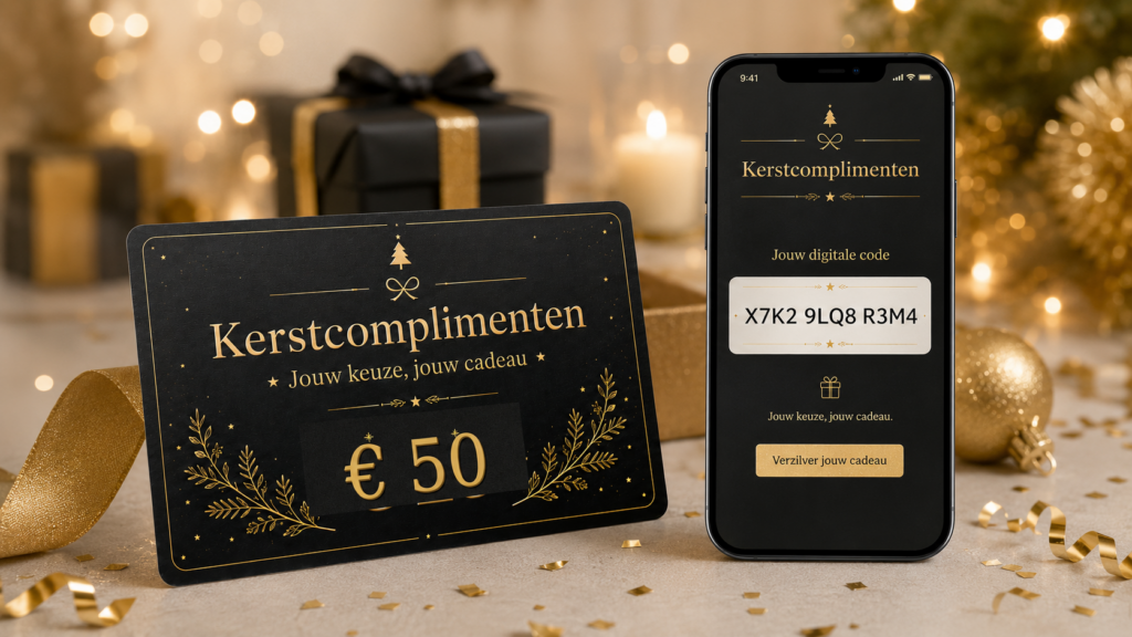 Werkgever bekijkt de Kerstcomplimenten keuzeomgeving voor eigen keuze kerstpakketten op laptop