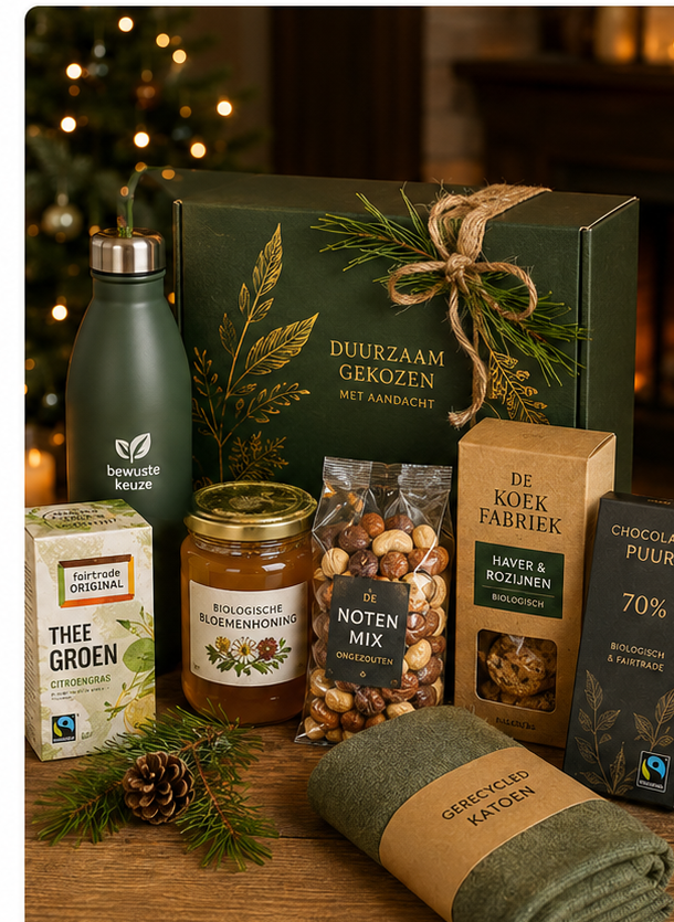 Een groen kerstpakket met diverse fairtrade en duurzame producten