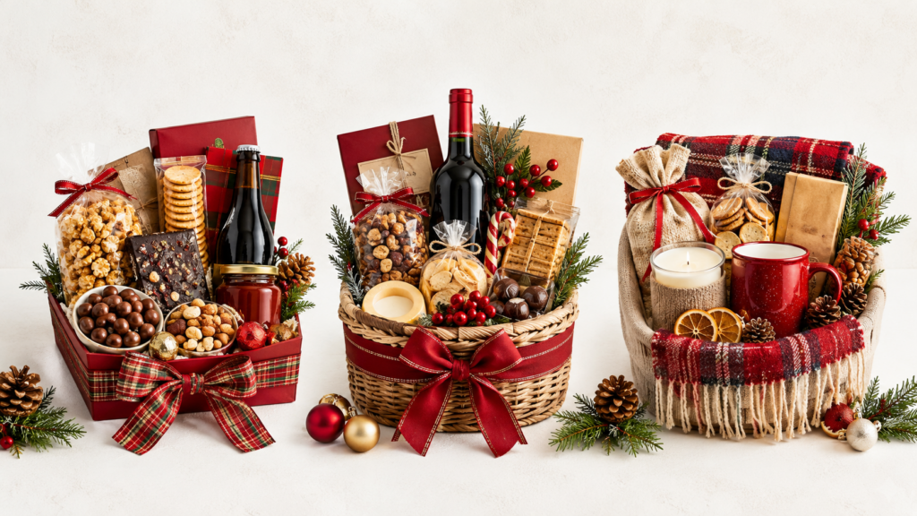 Drie traditionele kerstpakketten met klassieke feestelijke inhoud”