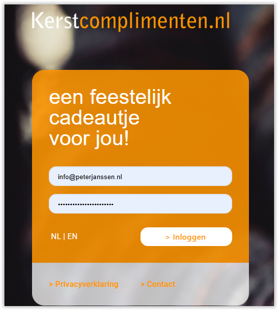 Inlogscherm Kerstcomplimenten.nl