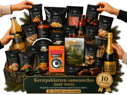 Feestelijk kerstpakket met snacks, drankjes, magazine, champagne, handen.