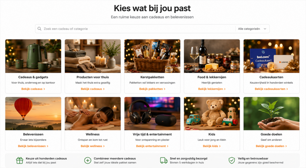 Voorbeeld van het keuzeaanbod in MijnKerstcomplimenten met cadeaus, kerstpakketten, cadeaukaarten, belevenissen en goede doelen