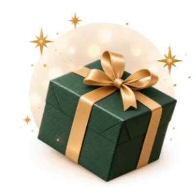 Donkergroen cadeau met gouden lint, feestelijke sterren en bokeh achtergrond.