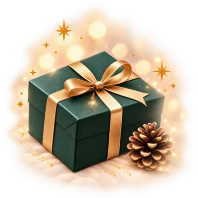 Donkergroen cadeau, gouden strik, dennenappel, sprankelende sterren, feestelijke bokeh.