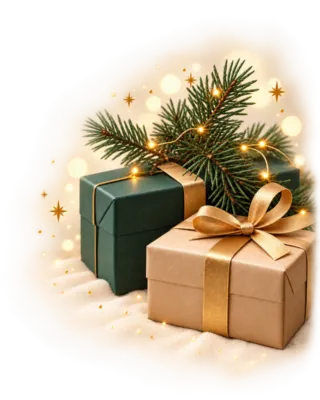 Twee kerstgeschenken, groen en bruin, gouden linten, dennentak, lichtjes, sterren.